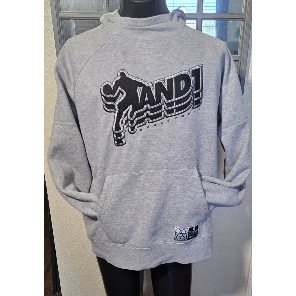 AND1 Basketball Hoodie Mens XL Gray Embroidered Logo Fleece Pullover Sweatshirt